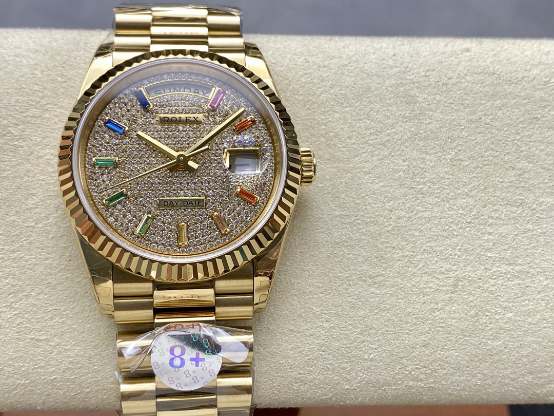 Rolex Day Date 36mm Yellow Gold 128238 0051 Pave Rainbow Diamond Dial Fluted Bezel - QualitySwissReplica