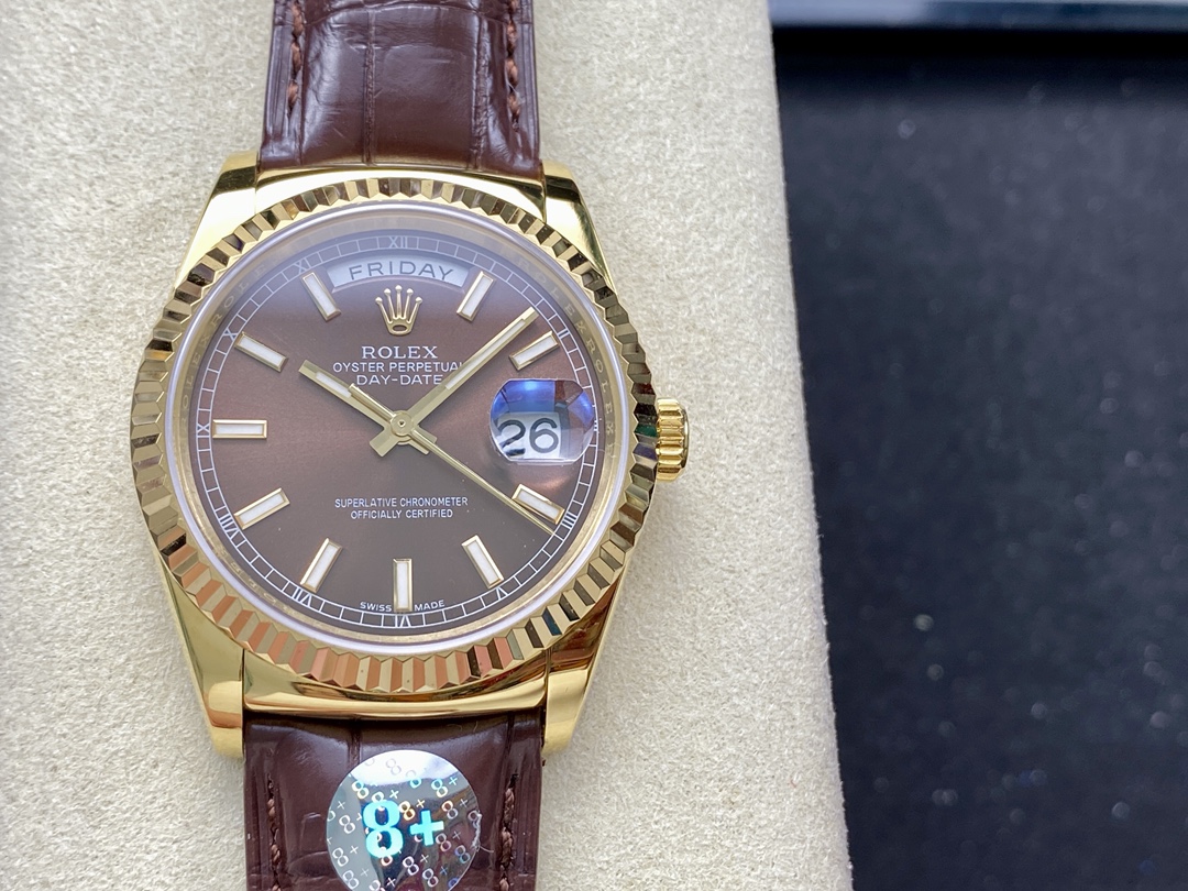 Rolex Day Date 36 Yellow Gold Chocolate Dial 118138 0005 Leather Watch - QualitySwissReplica