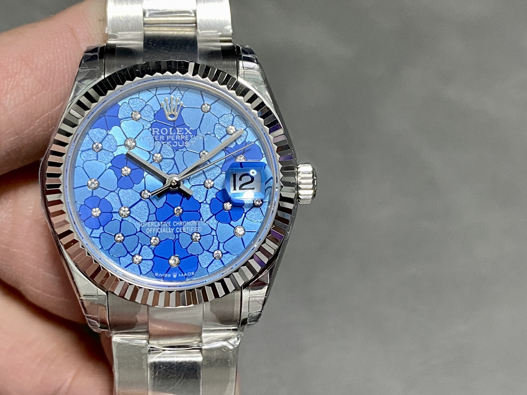 Rolex Datejust 31 Stainless Steel and White Gold Azzuro-Blue-Floral-Motif Diamond Dial m278274-0035 - QualitySwissReplica
