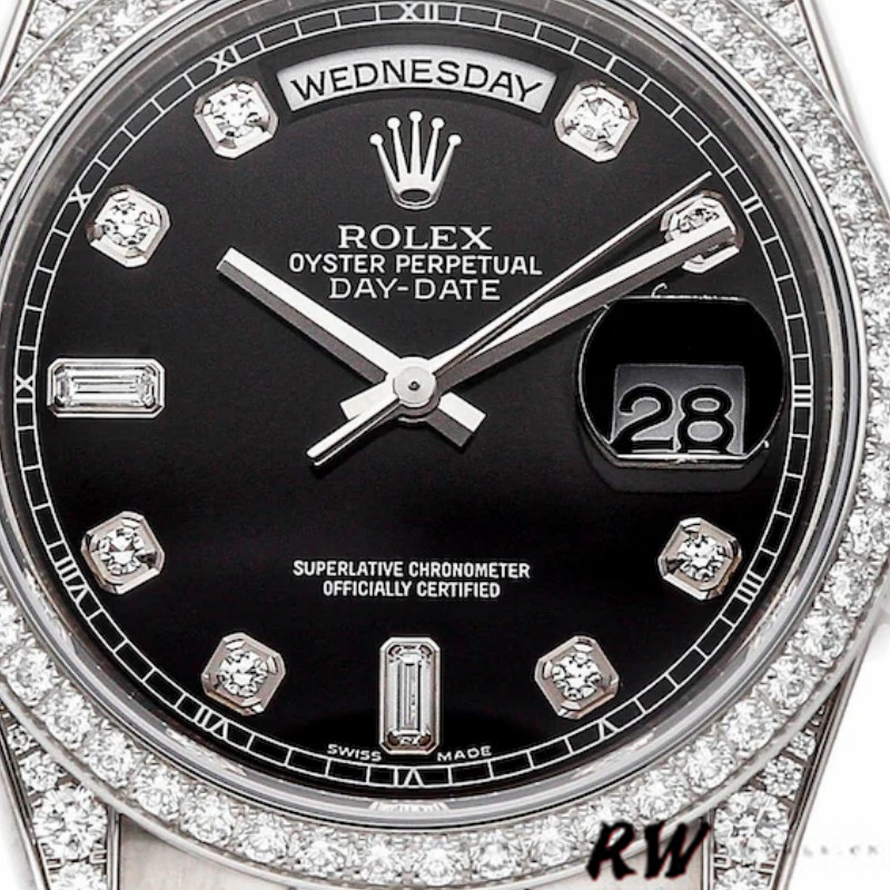 Rolex Day-Date 118389 White Gold Black Diamond Dial 36MM Unisex Replica Watch - QualitySwissReplica