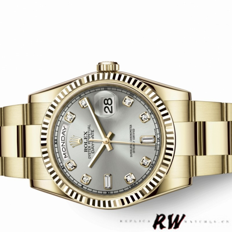Rolex Day-Date 118238 Yellow Gold Silver Diamond Dial 36mm Unisex Replica Watch - QualitySwissReplica