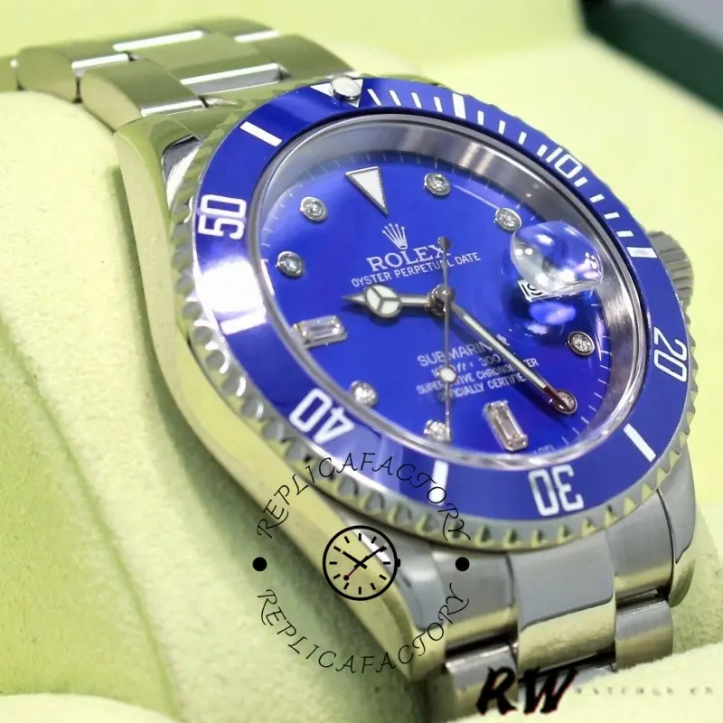 Rolex Submariner 16610 Stainless Steel Blue Bezel Diamond Dial 40mm Mens Replica Watch - QualitySwissReplica