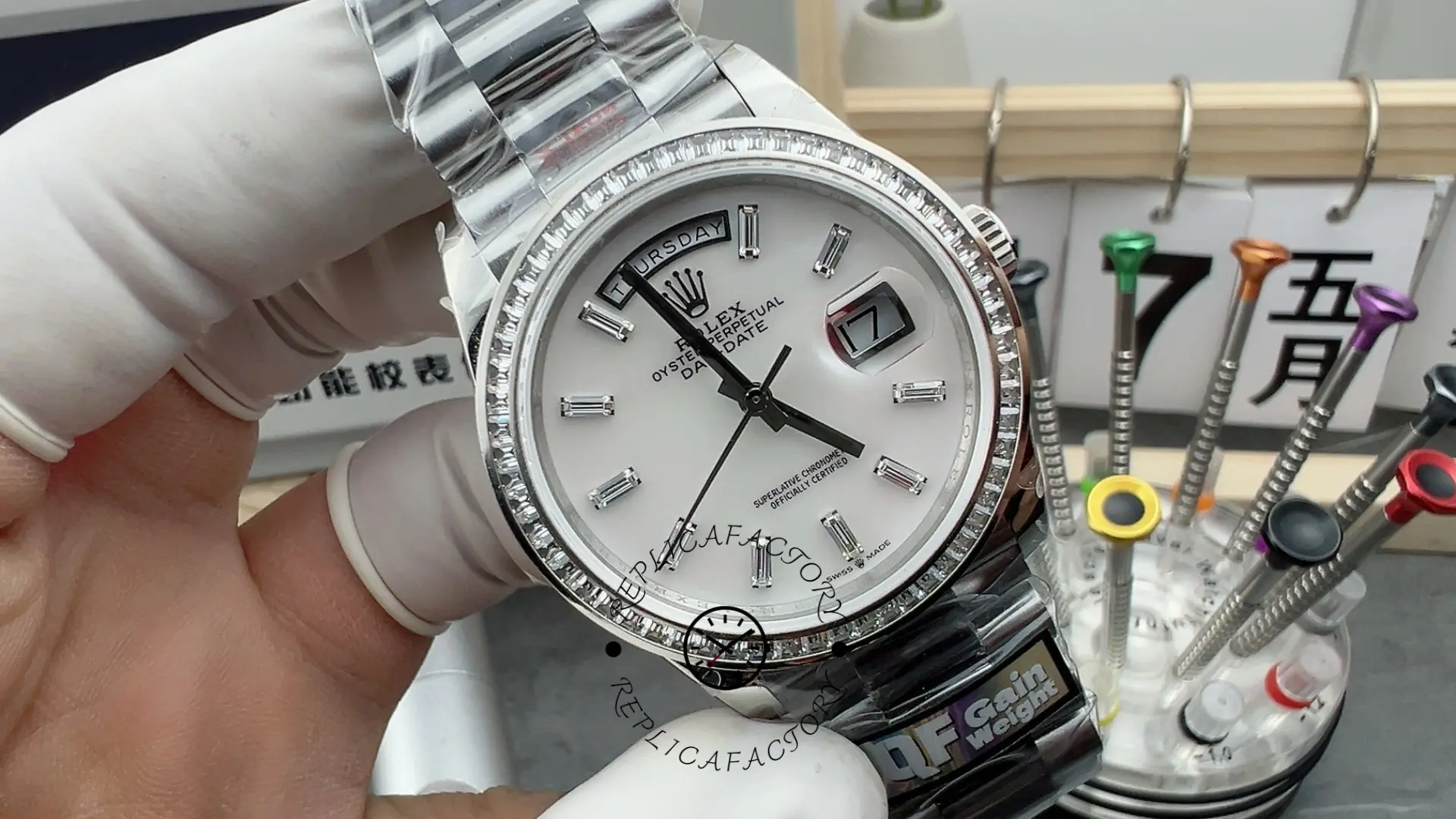 Rolex Day Date 36 MOP Dial Diamond Bezel Platinum m128396tbr 0022 - QualitySwissReplica