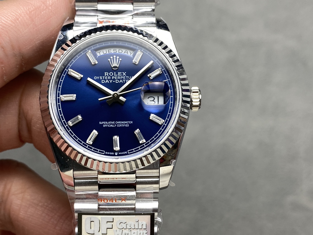 Rolex Day Date 36 36mm Bright Blue Diamond-Set Dial Fluted Bezel Presi m128236 0023 - QualitySwissReplica