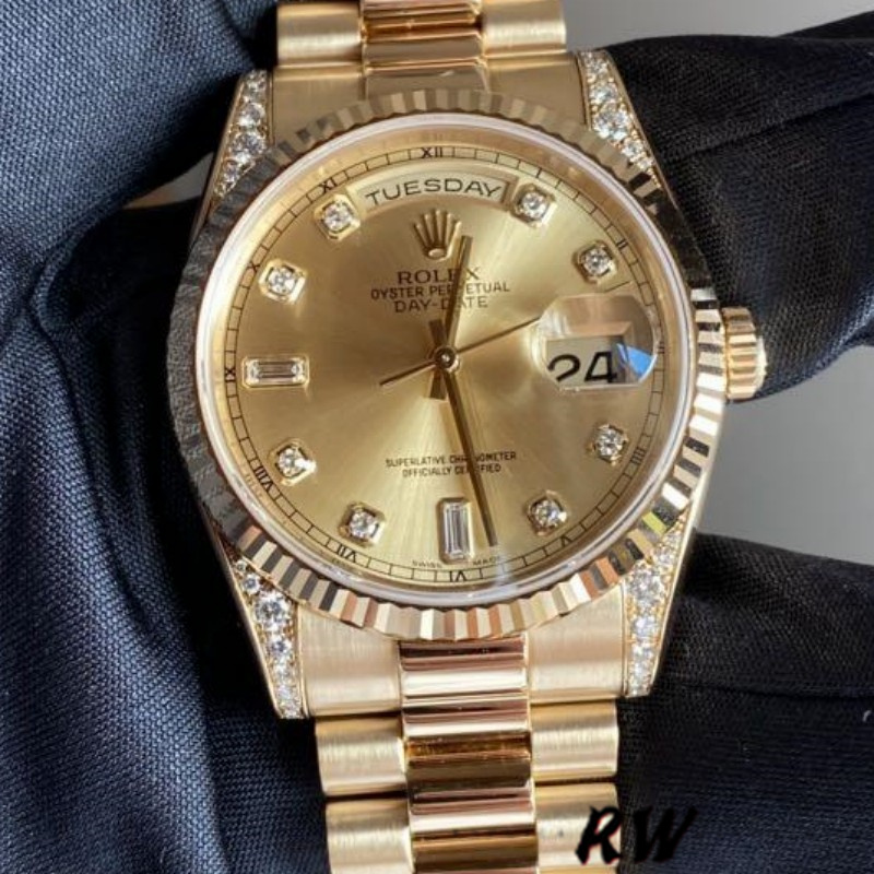 Rolex Day-Date 118338 Yellow Gold Champagne Diamonds Dial 36mm Unisex Replica Watch - QualitySwissReplica