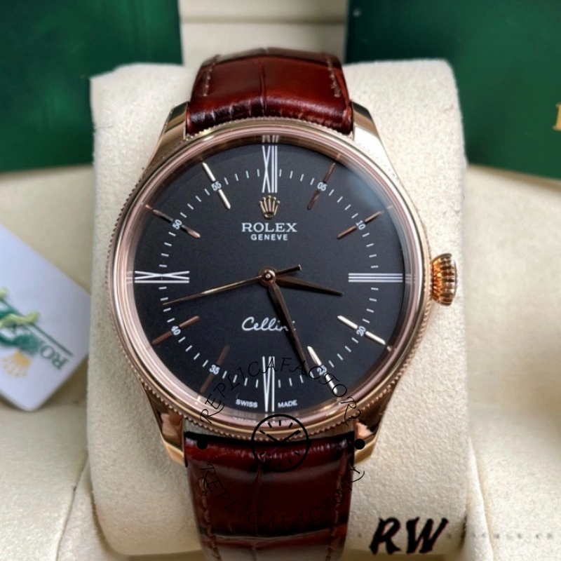 Rolex Cellini Time 50505 Brown Leather Strap Black Dial 39mm Mens Replica Watch - QualitySwissReplica